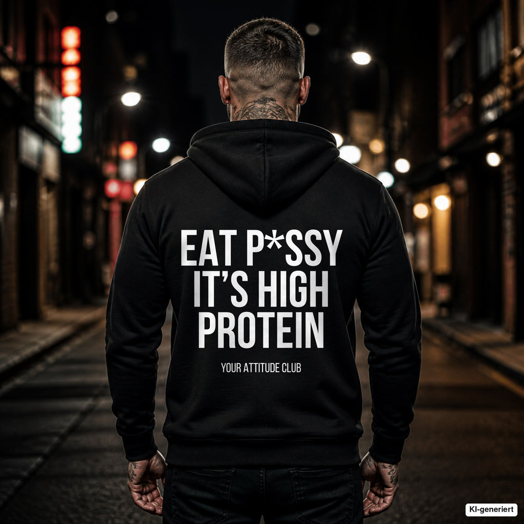 Eat p*ssy it’s high protein – schwarzer Hoodie mit weißem Backprint, Herren in der Stadt bei Nacht