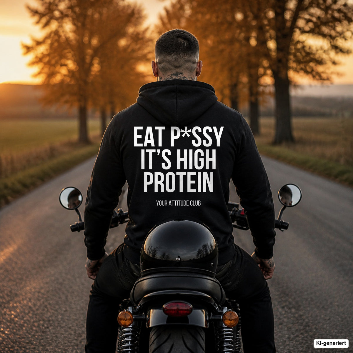 Eat p*ssy it’s high protein – schwarzer Hoodie mit weißem Backprint, Herren auf dem Motorrad
