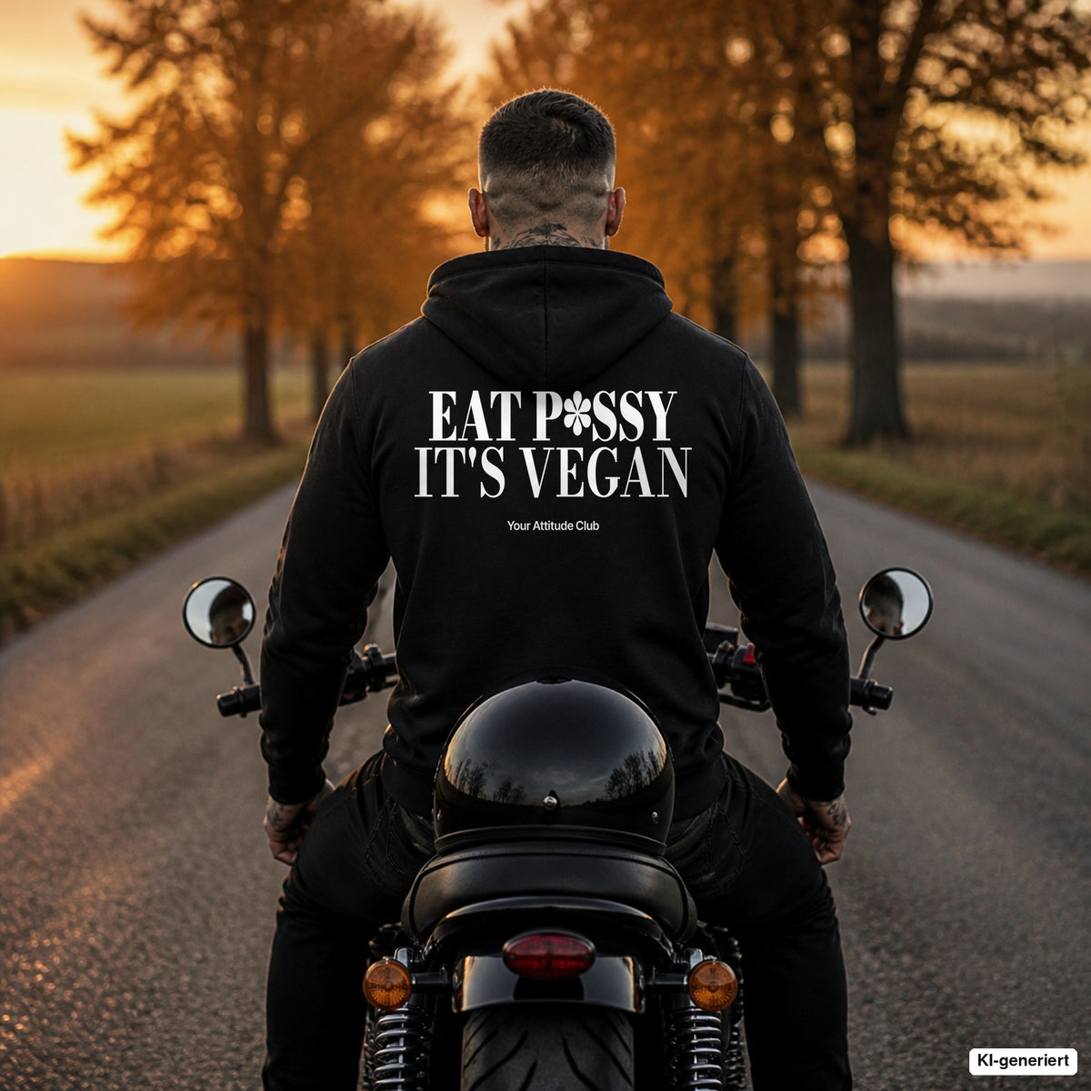 Eat P*ssy It's Vegan – schwarzer Hoodie mit weißem Backprint, Herren auf dem Motorrad