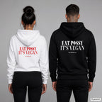 Eat P*ssy It's Vegan – Hoodie mit Backprint, Frau in Weiß mit rotem und Mann in Schwarz mit weißem Aufdruck