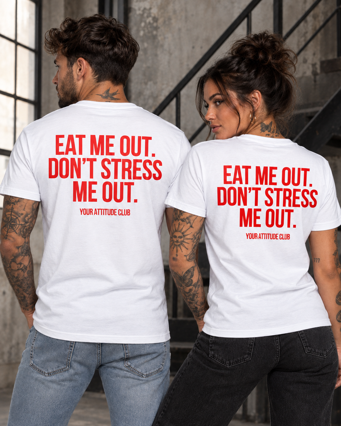 EAT ME OUT. DON’T STRESS ME OUT. – Unisex Statement T-Shirt Weiß mit rotem Backprint | freches Sprüche Shirt