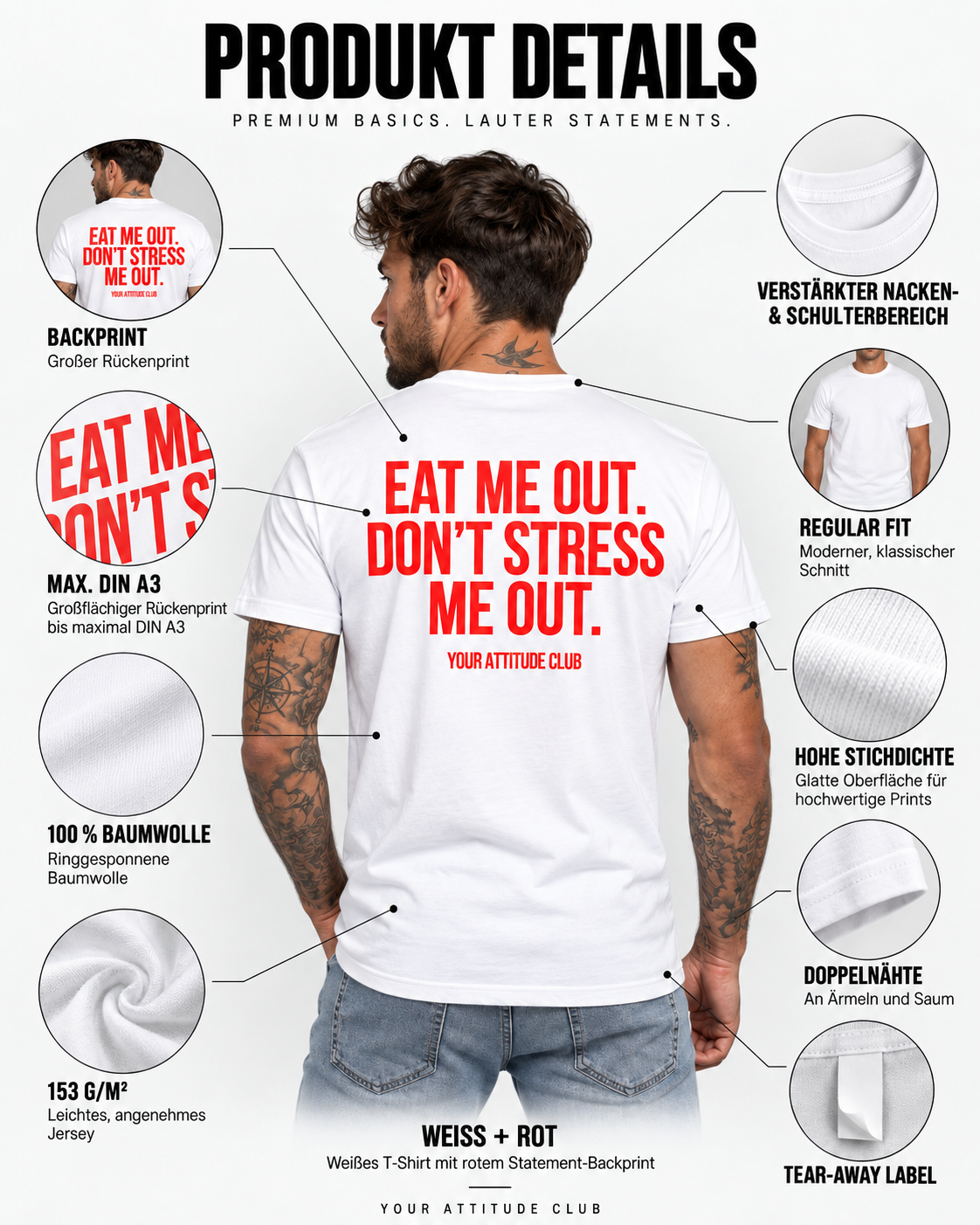 EAT ME OUT. DON’T STRESS ME OUT. – Unisex Statement T-Shirt Weiß mit rotem Backprint | freches Sprüche Shirt