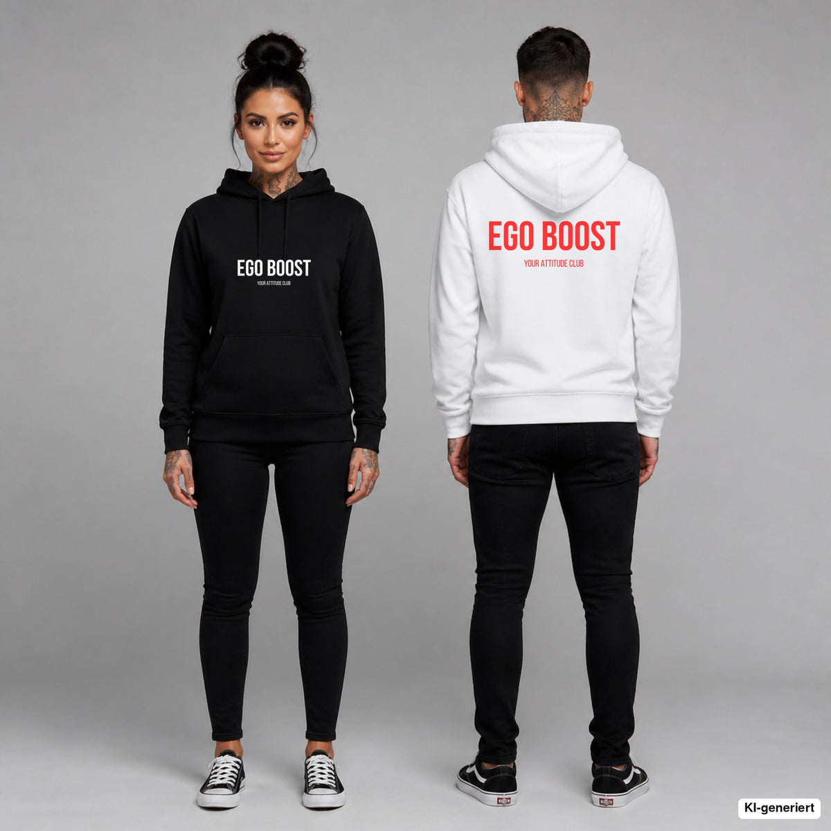 EGO BOOST – Hoodie unisex mit Frontprint (Frau, Schwarz) und Backprint (Mann, Weiß)
