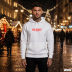 EGO BOOST – weißer Hoodie mit rotem Frontprint, Herren auf dem Weihnachtsmarkt