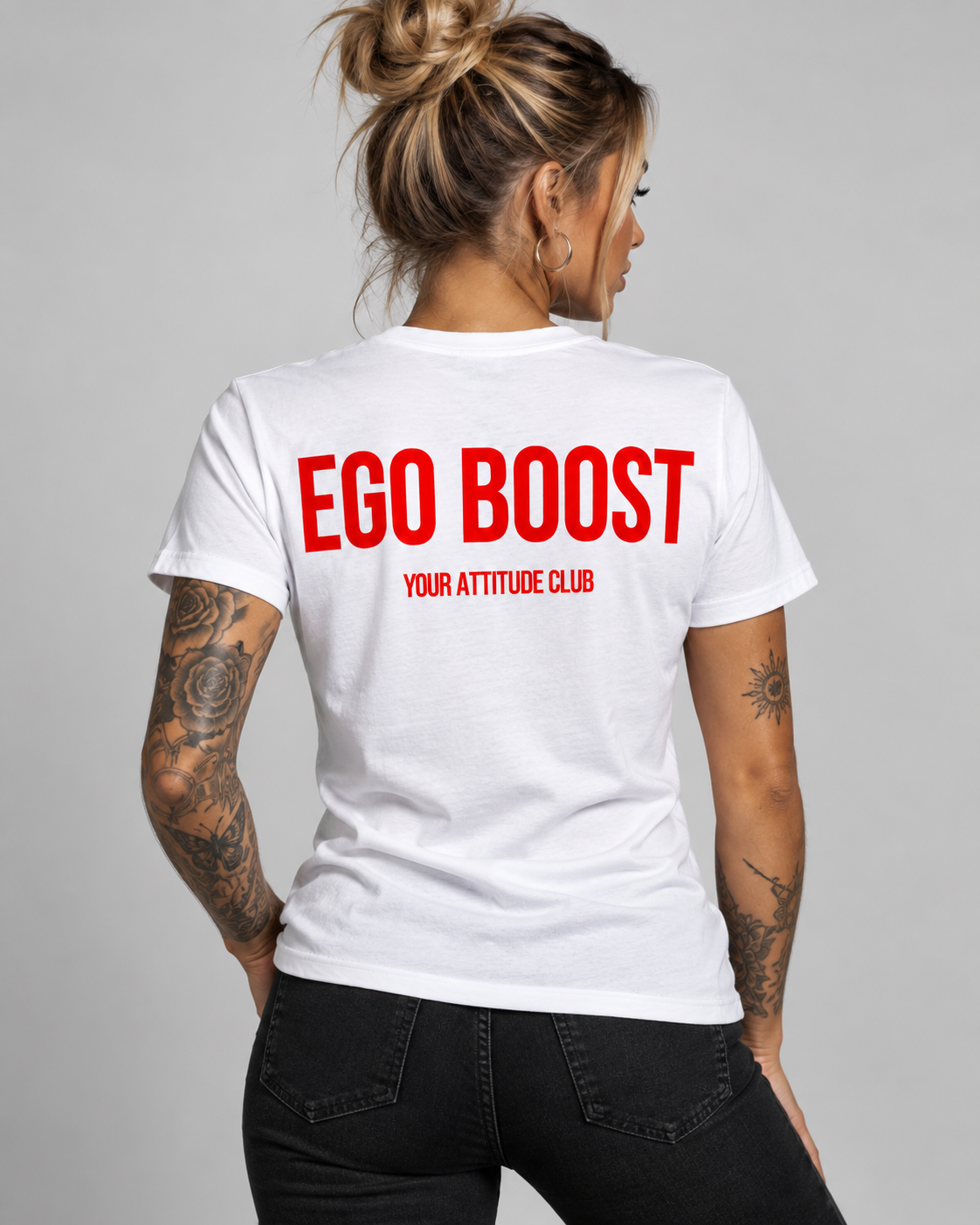 EGO BOOST – Unisex Statement T-Shirt Weiß mit rotem Backprint | freches selbstbewusstes Sprüche Shirt
