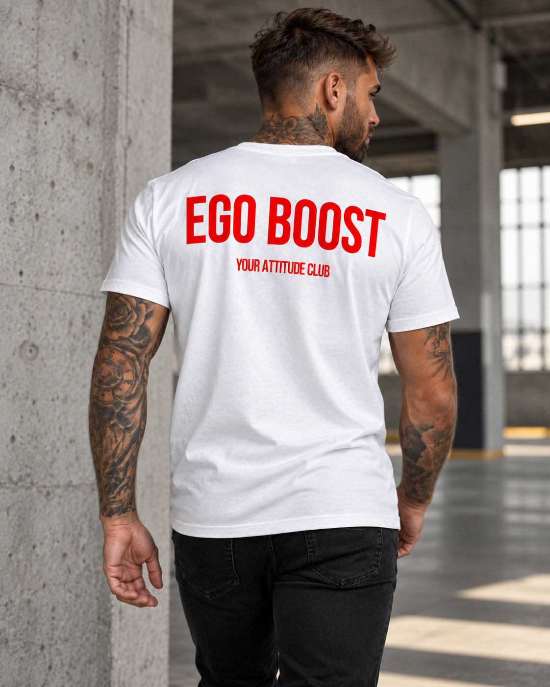 EGO BOOST – Unisex Statement T-Shirt Weiß mit rotem Backprint | freches selbstbewusstes Sprüche Shirt