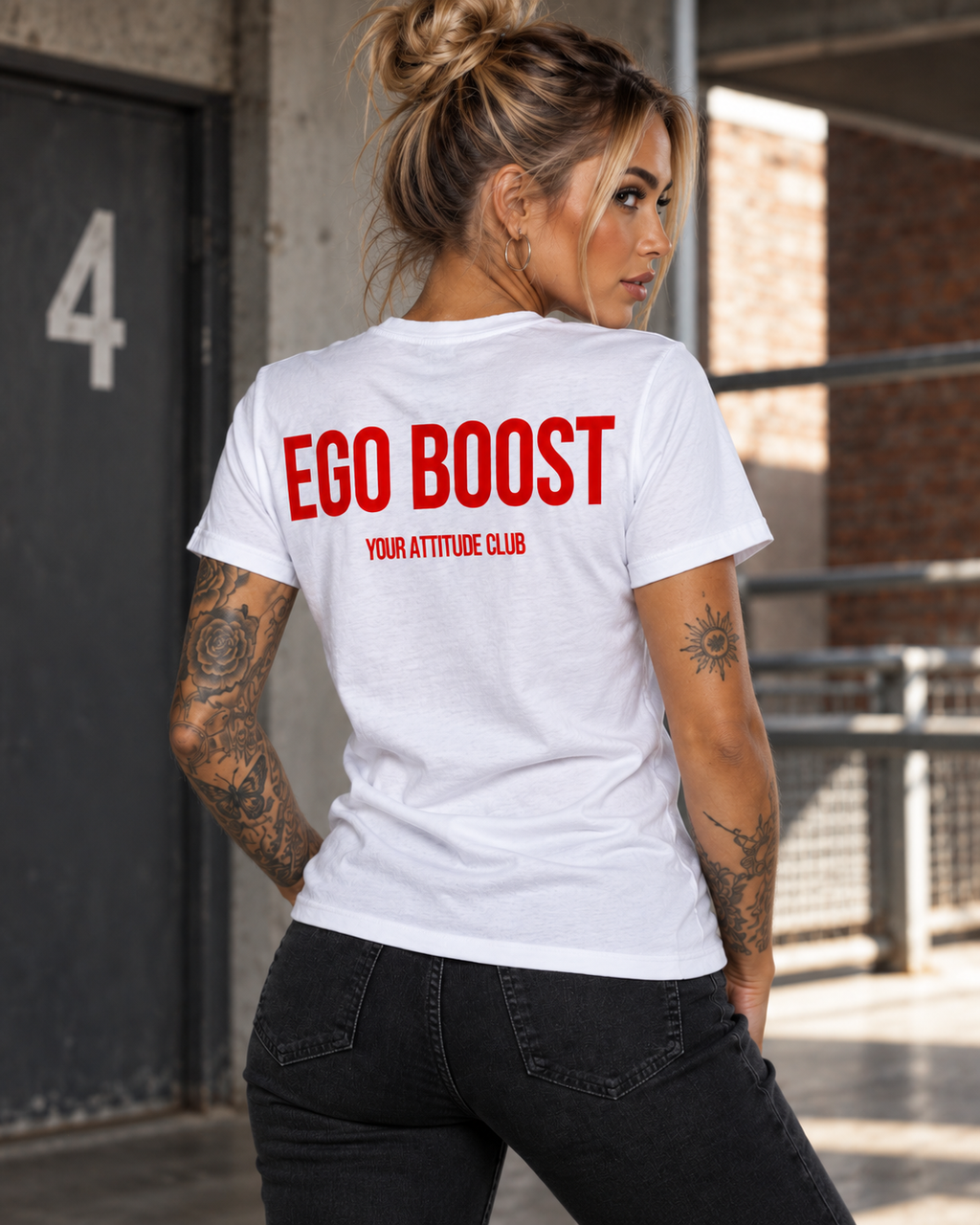 EGO BOOST – Unisex Statement T-Shirt Weiß mit rotem Backprint | freches selbstbewusstes Sprüche Shirt