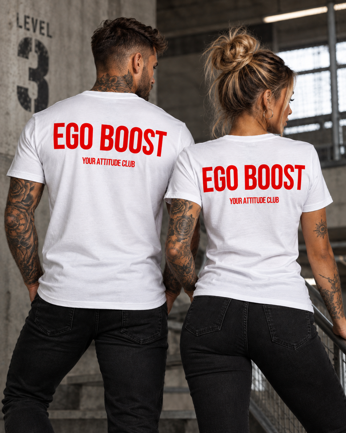 EGO BOOST – Unisex Statement T-Shirt Weiß mit rotem Backprint | freches selbstbewusstes Sprüche Shirt