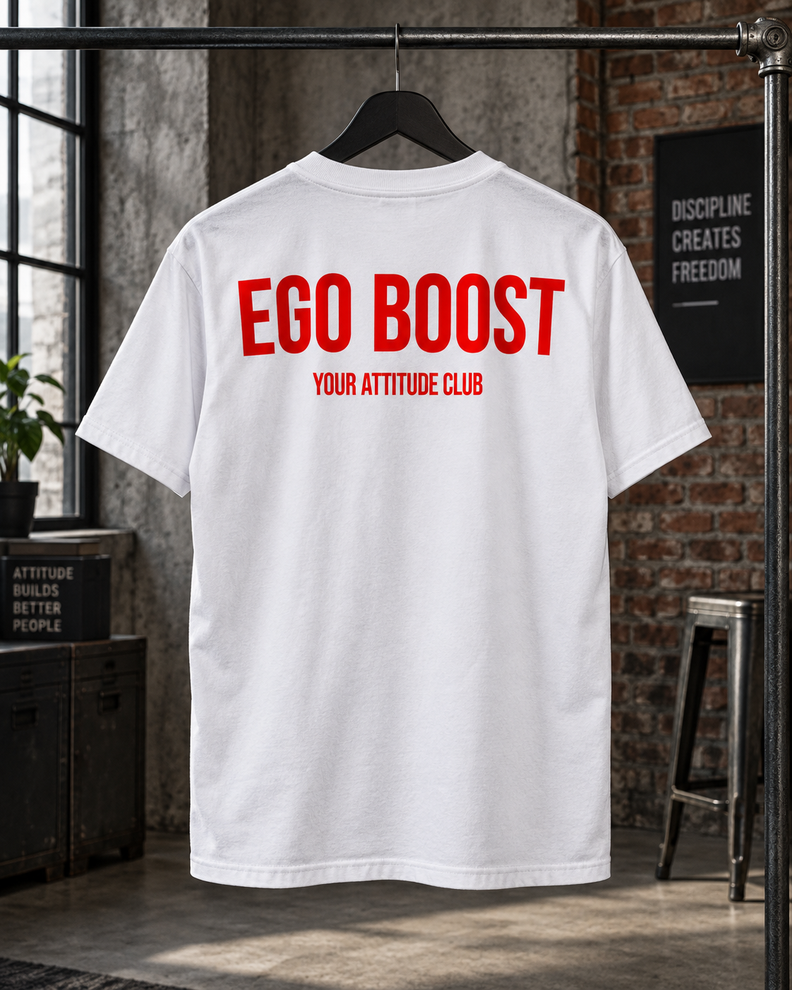 EGO BOOST – Unisex Statement T-Shirt Weiß mit rotem Backprint | freches selbstbewusstes Sprüche Shirt