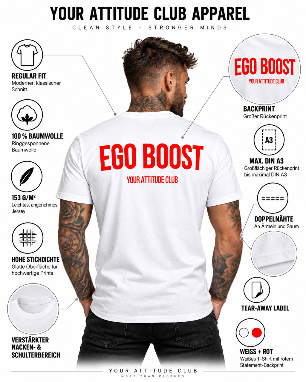 EGO BOOST – Unisex Statement T-Shirt Weiß mit rotem Backprint | freches selbstbewusstes Sprüche Shirt