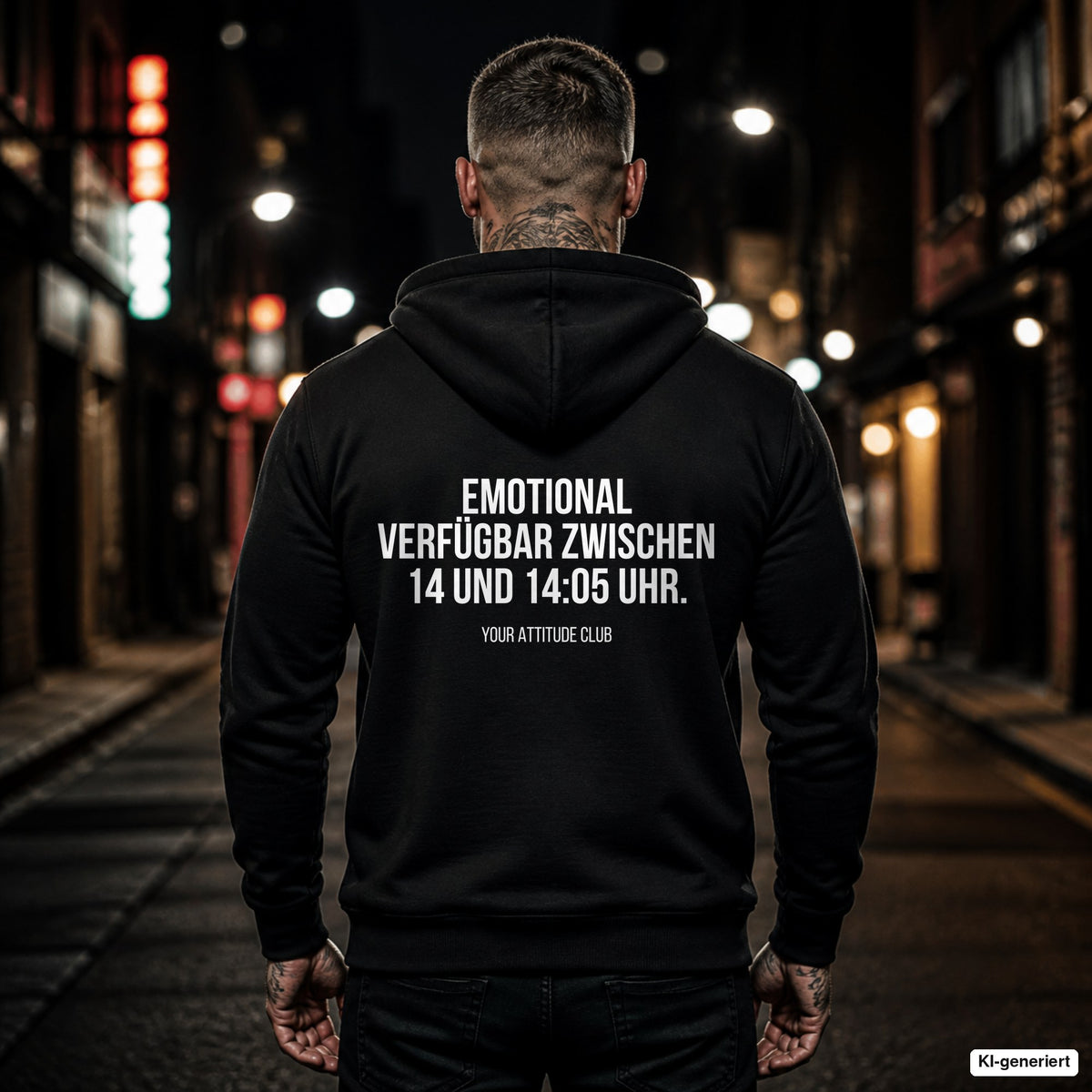 Emotional verfügbar zwischen 14 und 1405 Uhr – schwarzer Hoodie mit weißem Backprint, Herren in der Stadt bei Nacht