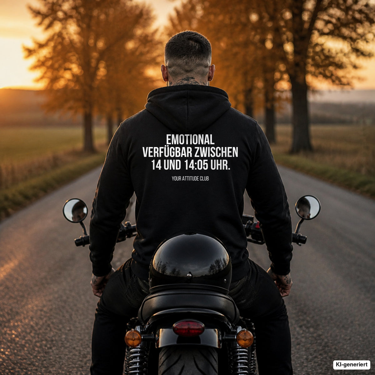 Emotional verfügbar zwischen 14 und 1405 Uhr – schwarzer Hoodie mit weißem Backprint, Herren auf dem Motorrad