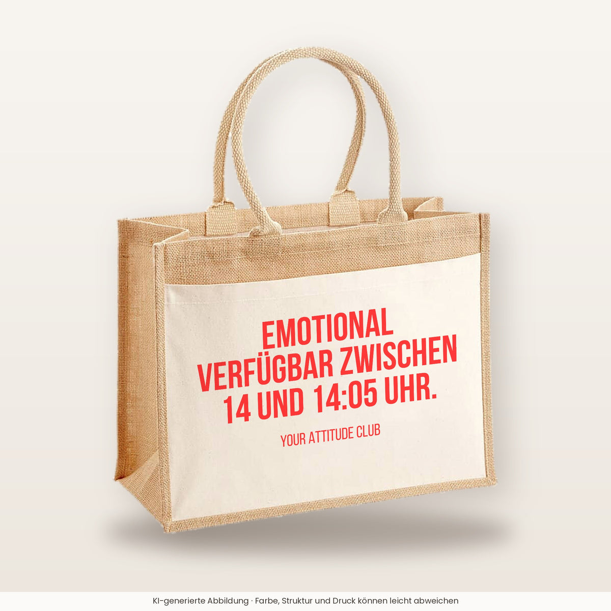 Emotional verfügbar zwischen 14 und 14:05 Uhr. – Jutetasche mit Spruch, große Jutetasche, Produktansicht