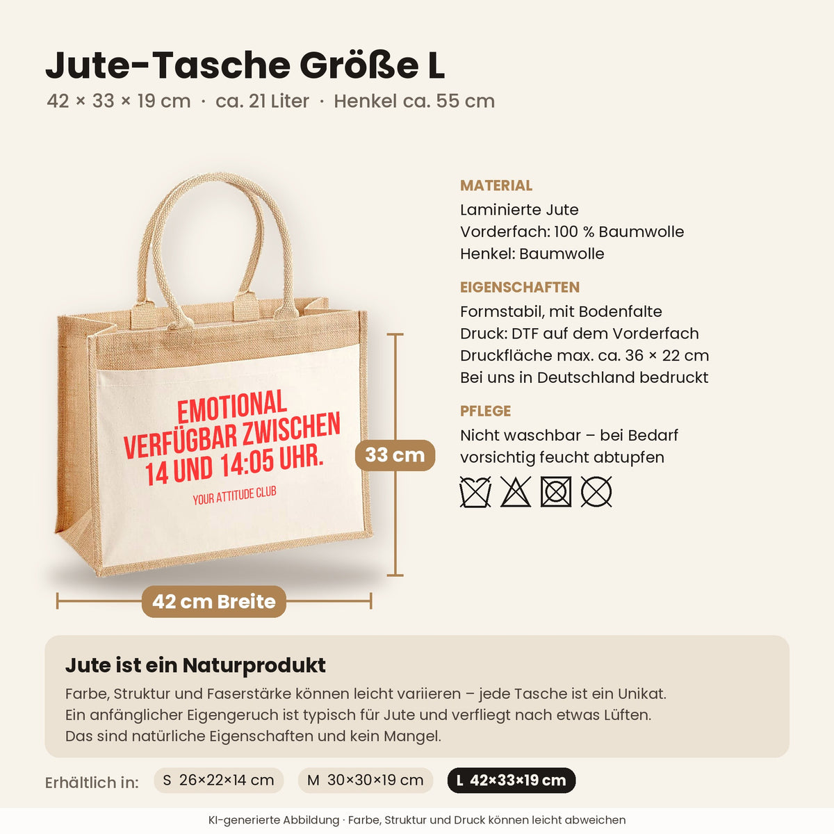 Emotional verfügbar zwischen 14 und 14:05 Uhr. – Jutetasche mit Spruch, Maße, Material und Pflege