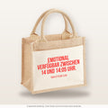 Emotional verfügbar zwischen 14 und 14:05 Uhr. – Jutetasche mit Spruch, kleine Jutetasche 26 × 22 cm