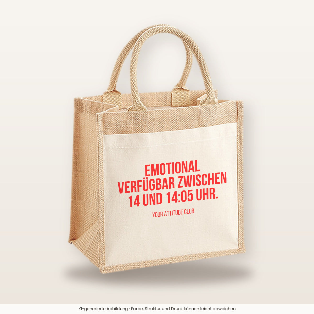 Emotional verfügbar zwischen 14 und 14:05 Uhr. – Jutetasche mit Spruch, mittlere Jutetasche 30 × 30 cm