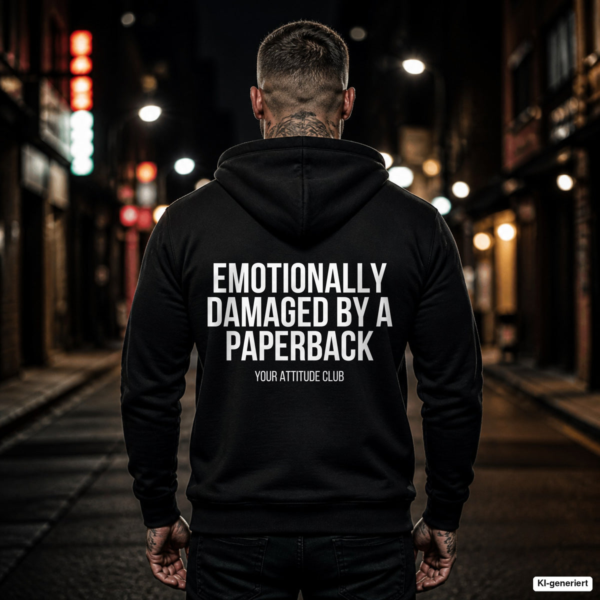 Emotionally damaged by a paperback – schwarzer Hoodie mit weißem Backprint, Herren in der Stadt bei Nacht