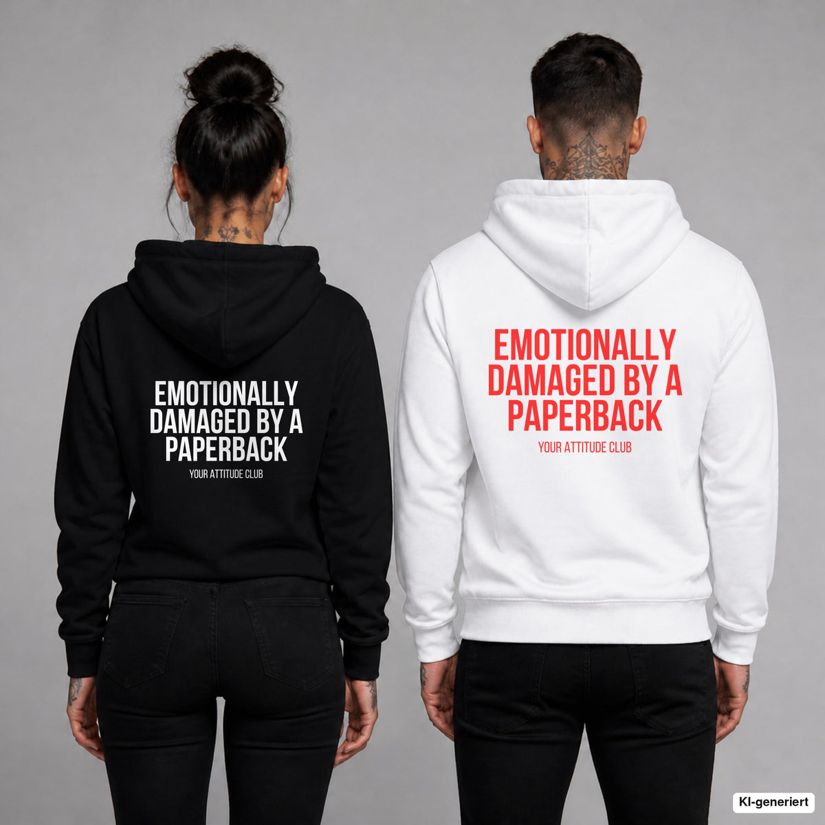 Emotionally damaged by a paperback – Hoodie mit Backprint, Frau in Schwarz und Mann in Weiß