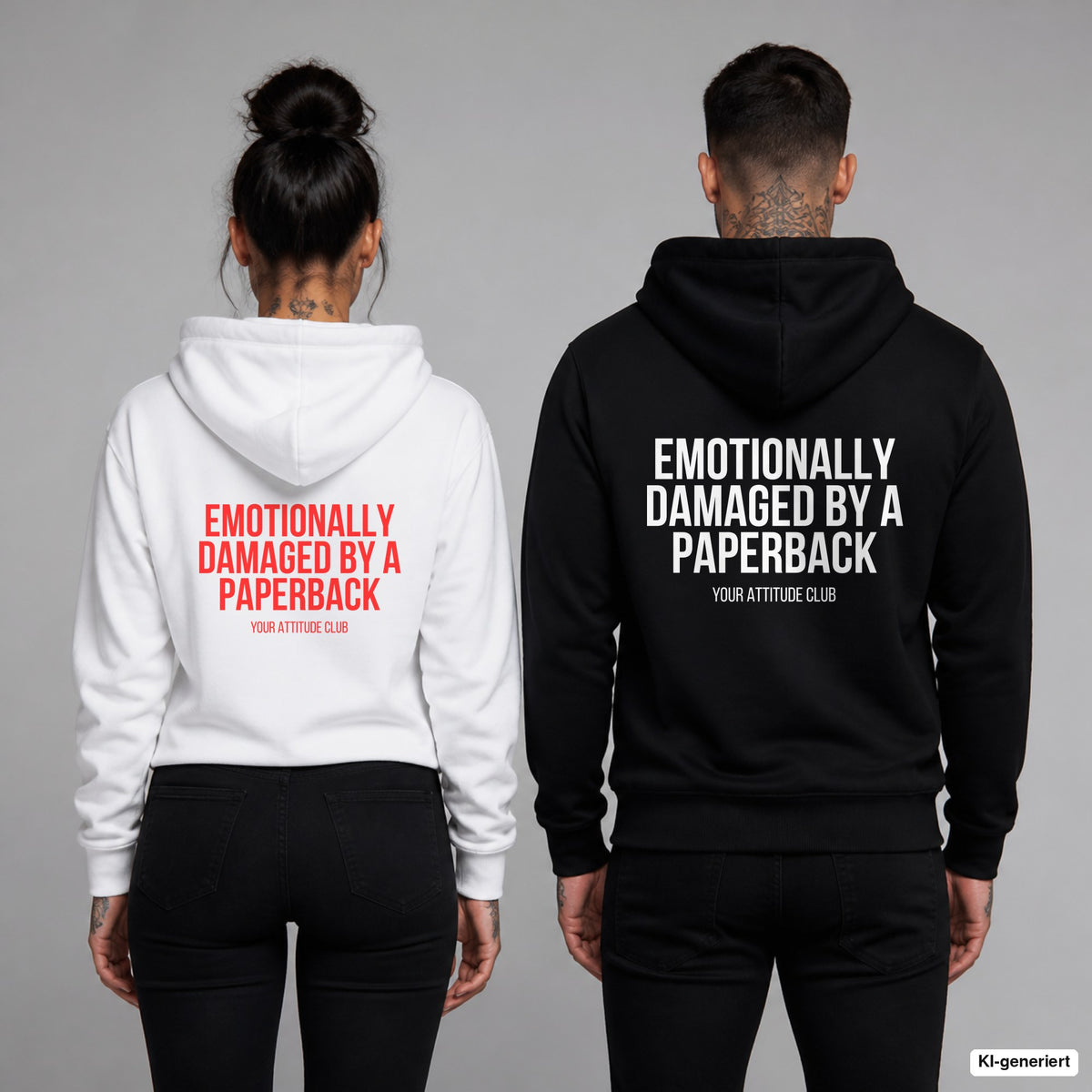 Emotionally damaged by a paperback – Hoodie mit Backprint, Frau in Weiß mit rotem und Mann in Schwarz mit weißem Aufdruck