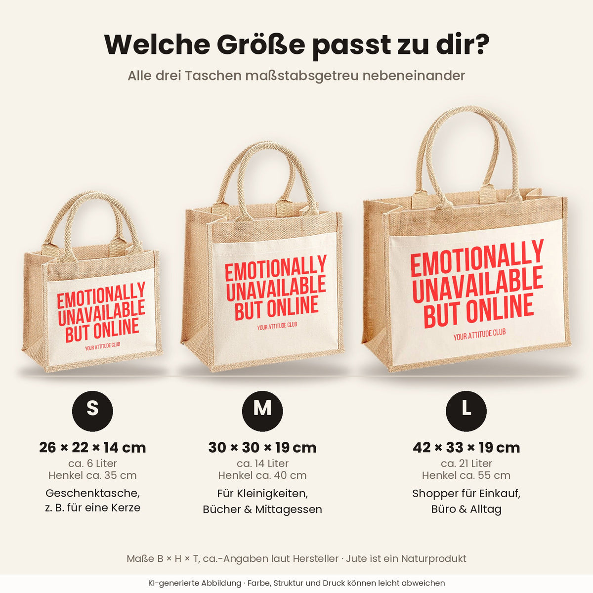 Emotionally unavailable but online – Jutetasche mit Spruch, Größenvergleich klein, mittel, groß