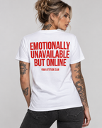 EMOTIONALLY UNAVAILABLE BUT ONLINE – Unisex Statement T-Shirt Weiß mit rotem Backprint | sarkastisches Sprüche Shirt