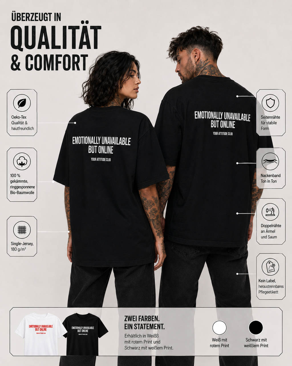 EMOTIONALLY UNAVAILABLE BUT ONLINE – schwarzes Unisex Oversize Shirt mit weißem Backprint, Dating Humor T-Shirt, freches Streetwear Geschenk