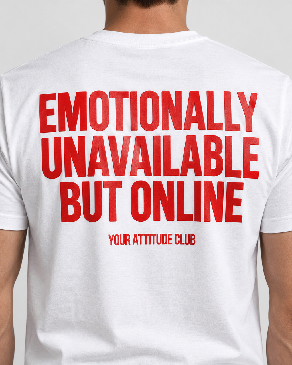 EMOTIONALLY UNAVAILABLE BUT ONLINE – Unisex Statement T-Shirt Weiß mit rotem Backprint | sarkastisches Sprüche Shirt