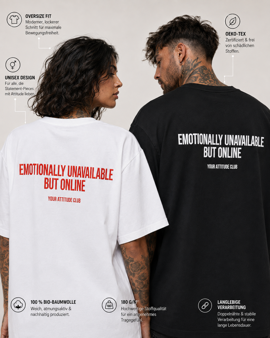 EMOTIONALLY UNAVAILABLE BUT ONLINE – schwarzes Unisex Oversize Shirt mit weißem Backprint, Dating Humor T-Shirt, freches Streetwear Geschenk