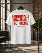 EMOTIONALLY UNAVAILABLE BUT ONLINE – Unisex Statement T-Shirt Weiß mit rotem Backprint | sarkastisches Sprüche Shirt