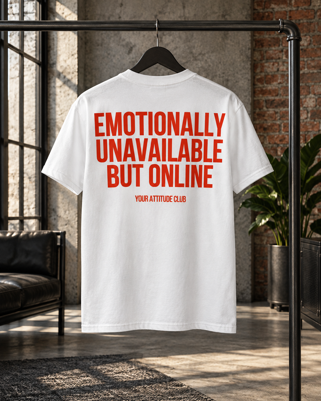 EMOTIONALLY UNAVAILABLE BUT ONLINE – Unisex Statement T-Shirt Weiß mit rotem Backprint | sarkastisches Sprüche Shirt