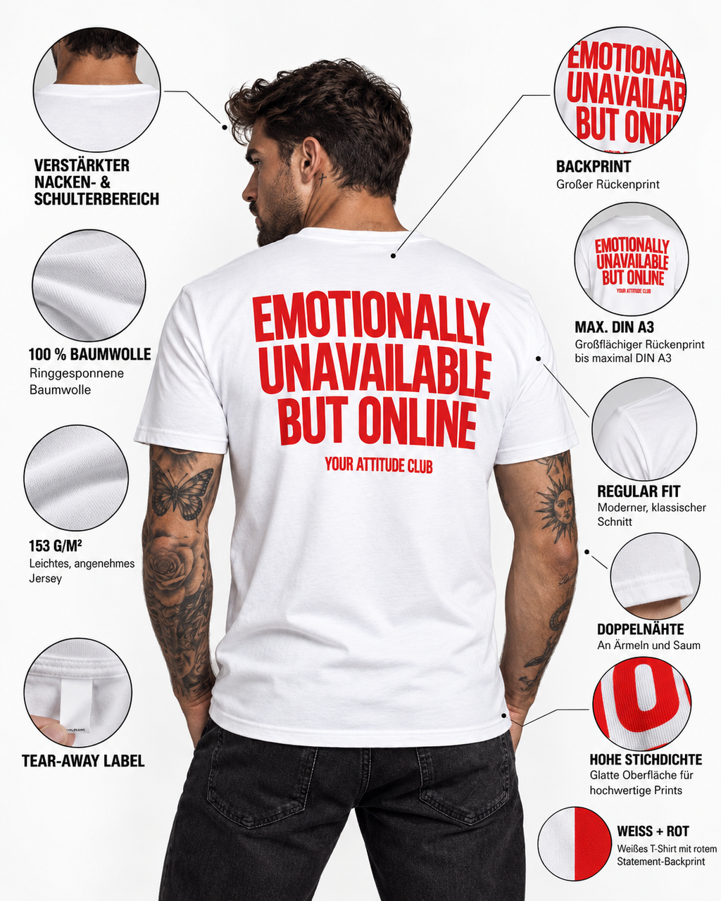 EMOTIONALLY UNAVAILABLE BUT ONLINE – Unisex Statement T-Shirt Weiß mit rotem Backprint | sarkastisches Sprüche Shirt