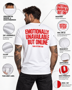 EMOTIONALLY UNAVAILABLE BUT ONLINE – Unisex Statement T-Shirt Weiß mit rotem Backprint | sarkastisches Sprüche Shirt