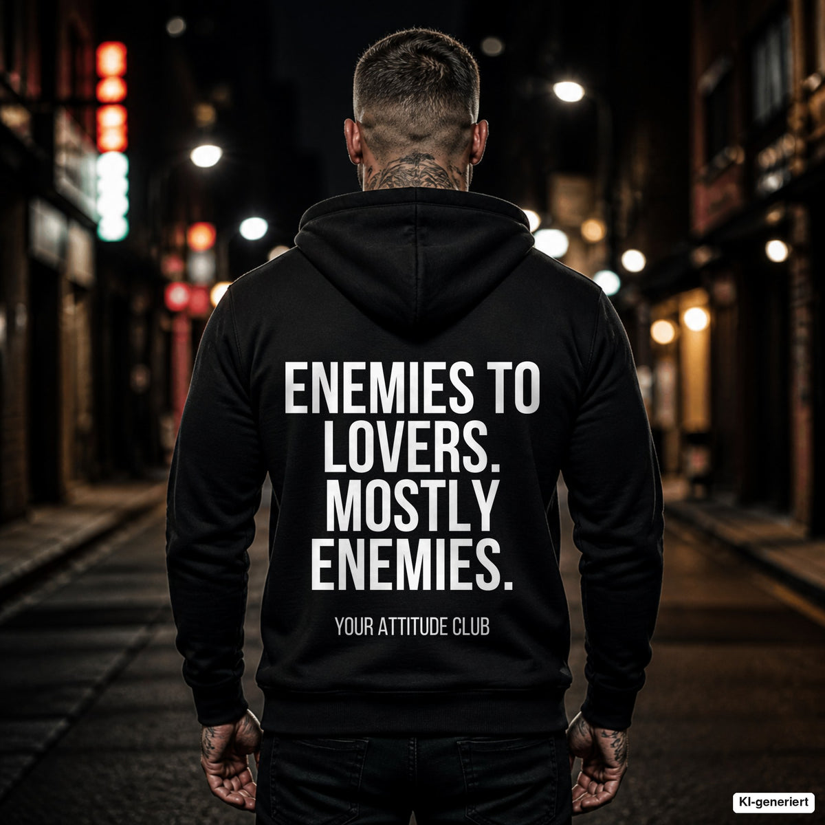 Enemies to lovers. Mostly enemies. – schwarzer Hoodie mit weißem Backprint, Herren in der Stadt bei Nacht