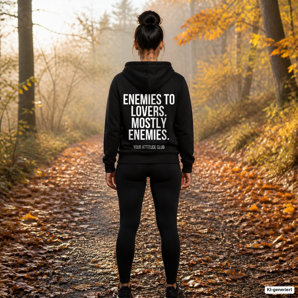 Enemies to lovers. Mostly enemies. – schwarzer Hoodie mit weißem Backprint, Damen beim Joggen im Herbst