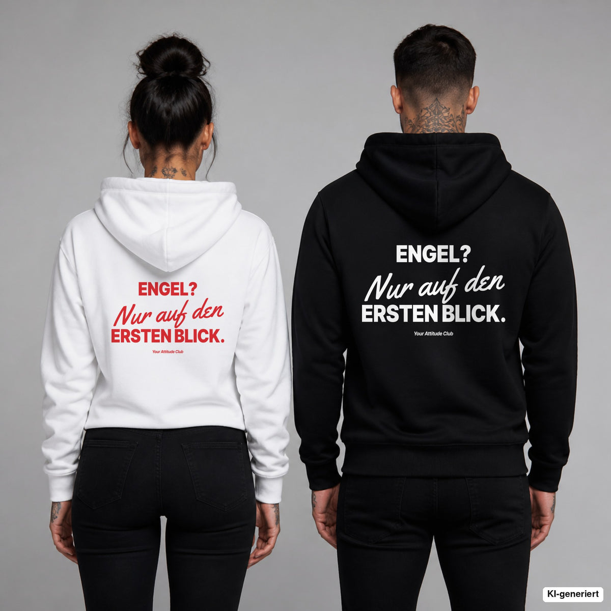 Engel? Nur auf den ersten Blick – Hoodie mit Backprint, Frau in Weiß mit rotem und Mann in Schwarz mit weißem Aufdruck