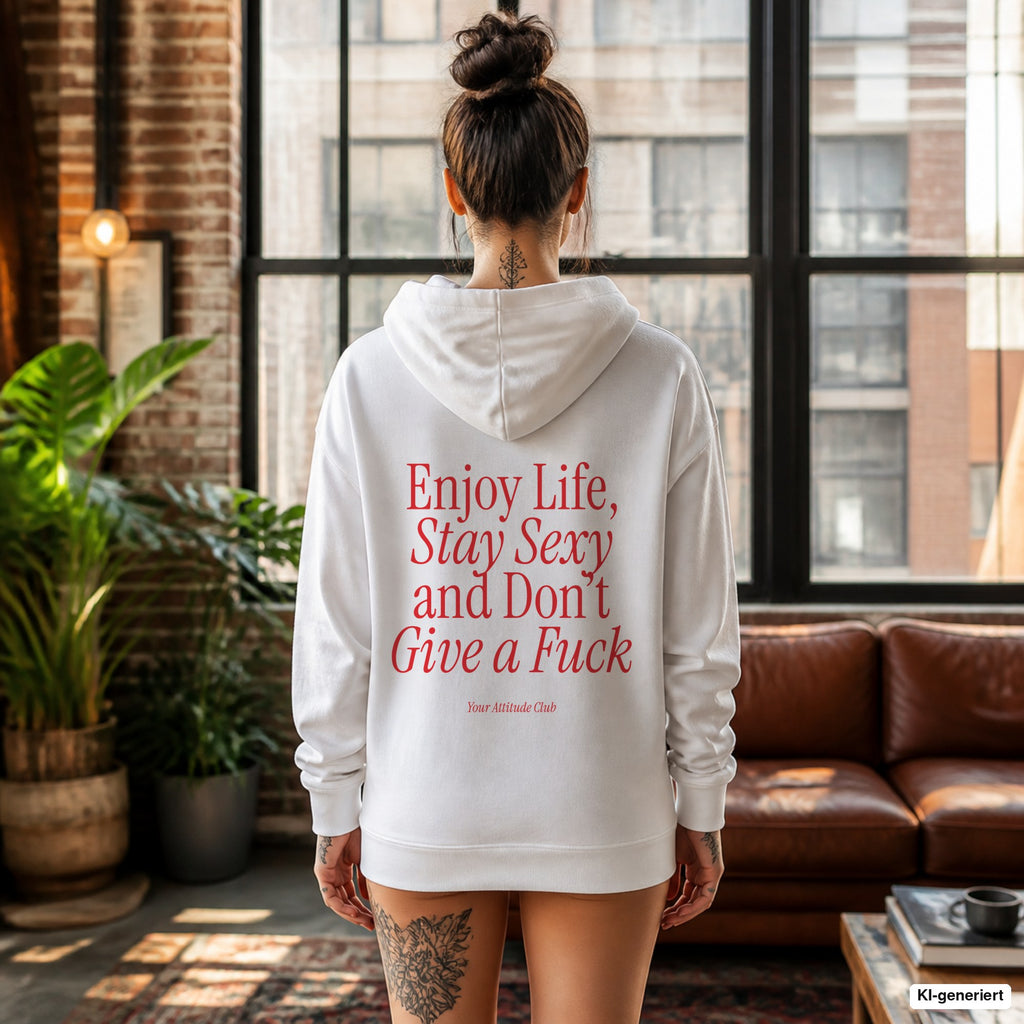 Enjoy Life, Stay Sexy and Don’t Give a Fuck – weißer Hoodie mit rotem Backprint, Damen im Loft