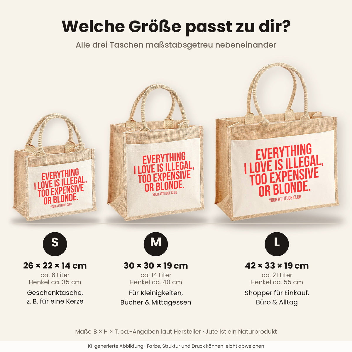 Everything I love is illegal, too expensive or blonde. – Jutetasche mit Spruch, Größenvergleich klein, mittel, groß