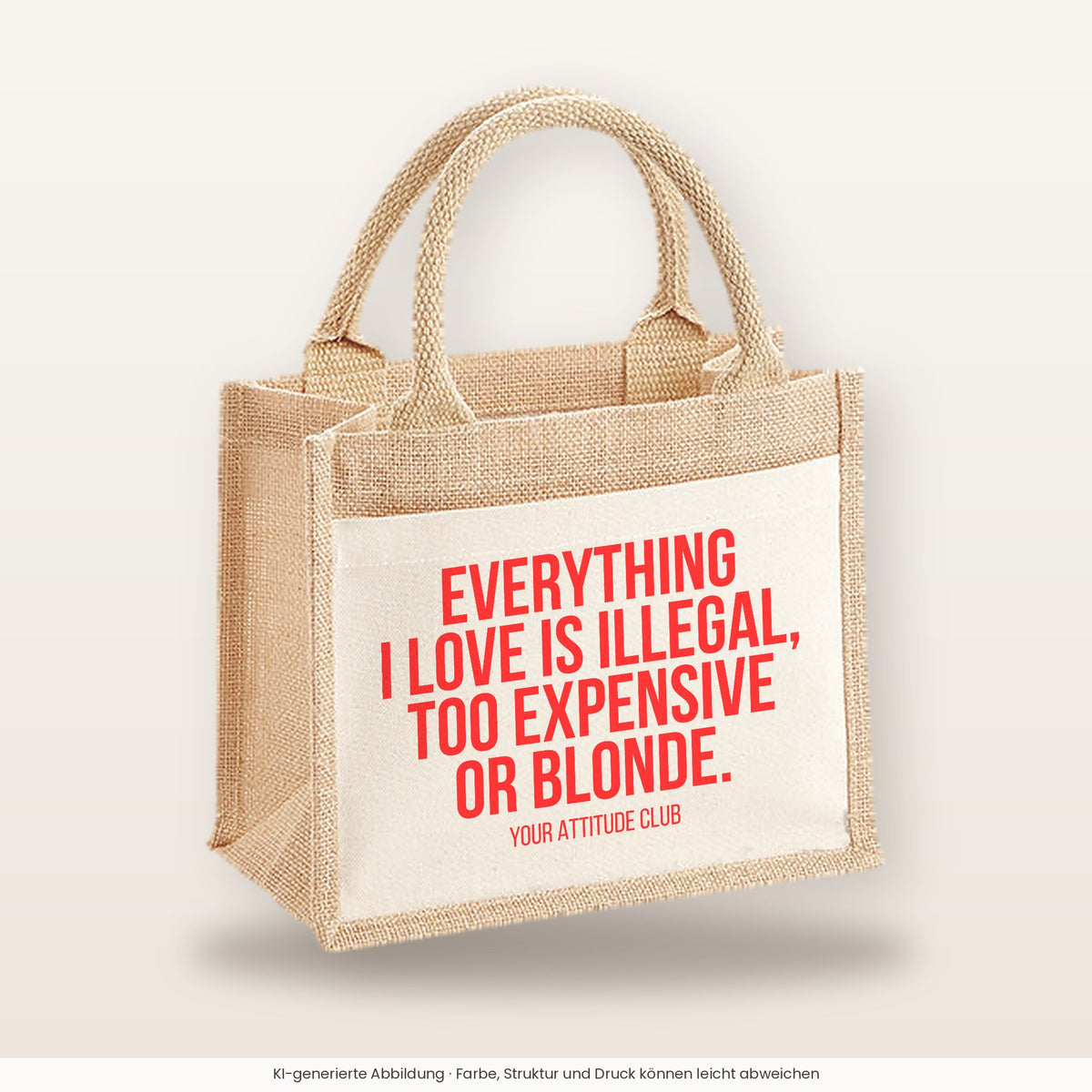 Everything I love is illegal, too expensive or blonde. – Jutetasche mit Spruch, kleine Jutetasche 26 × 22 cm