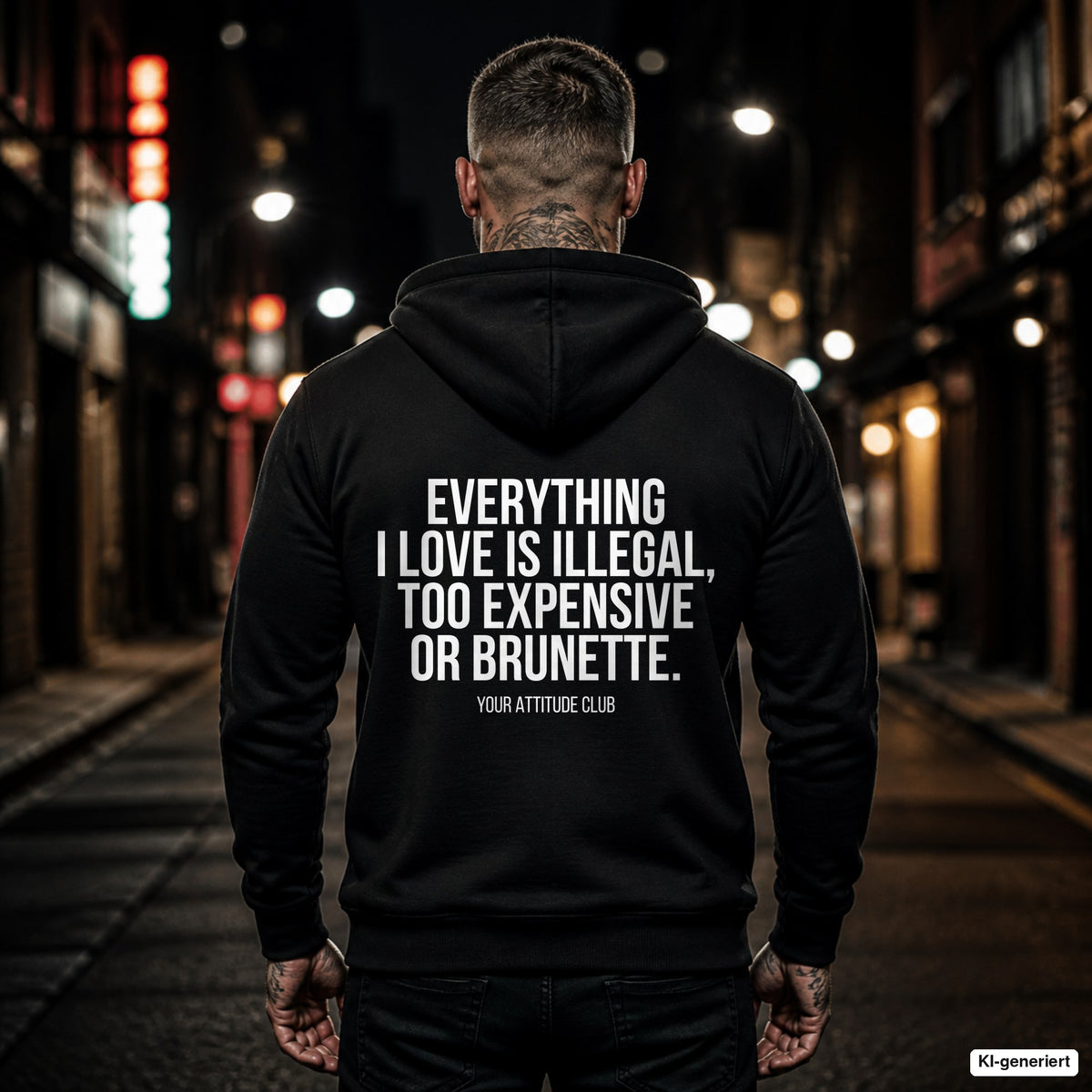 Everything I love is illegal, too expensive or brunette – schwarzer Hoodie mit weißem Backprint, Herren in der Stadt bei Nacht