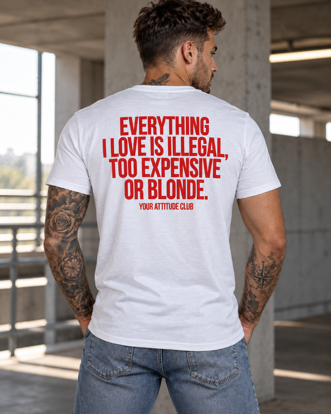 EVERYTHING I LOVE IS ILLEGAL, TOO EXPENSIVE OR BLONDE. – Unisex Statement T-Shirt Weiß mit rotem Backprint | freches Sprüche Shirt