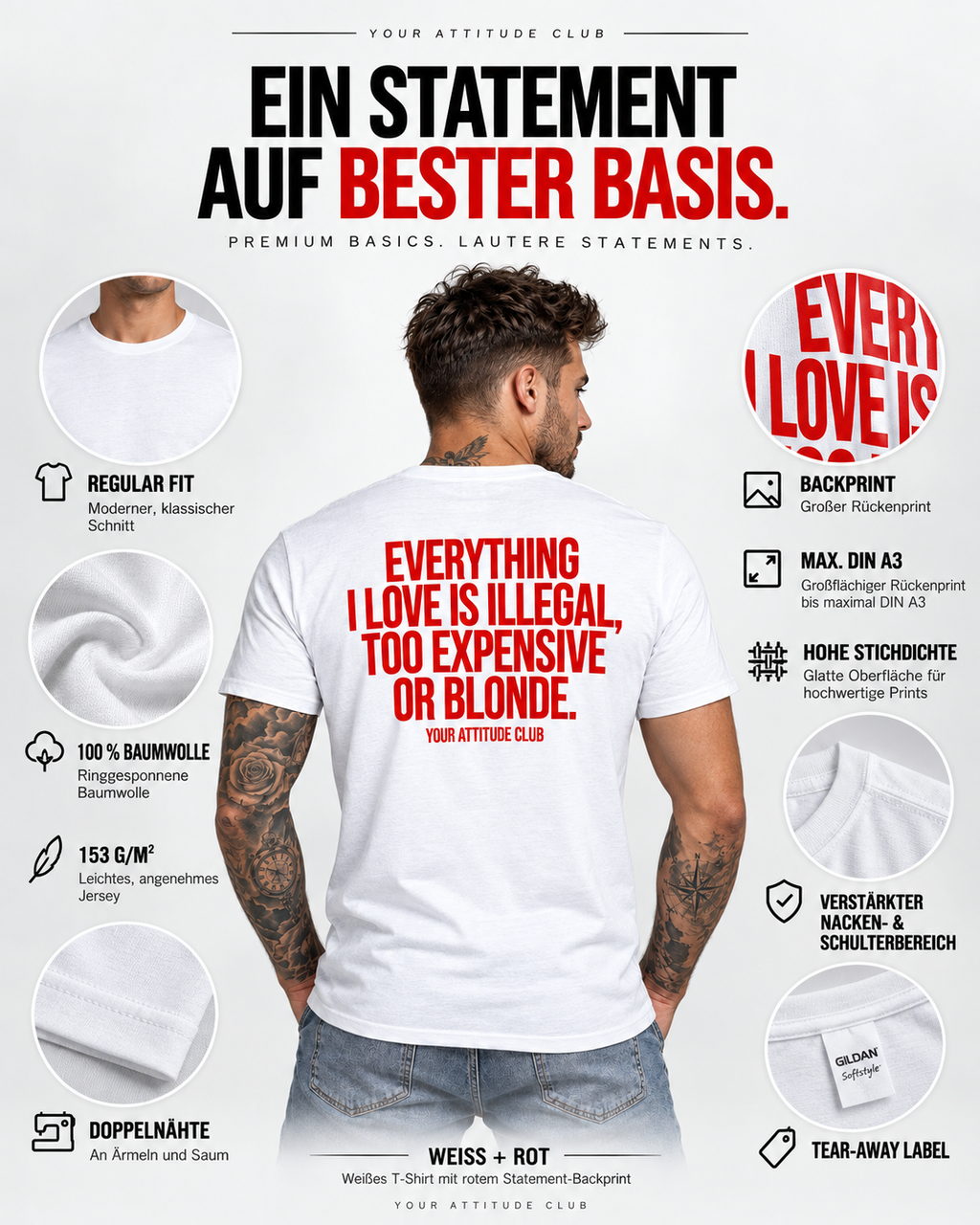 EVERYTHING I LOVE IS ILLEGAL, TOO EXPENSIVE OR BLONDE. – Unisex Statement T-Shirt Weiß mit rotem Backprint | freches Sprüche Shirt
