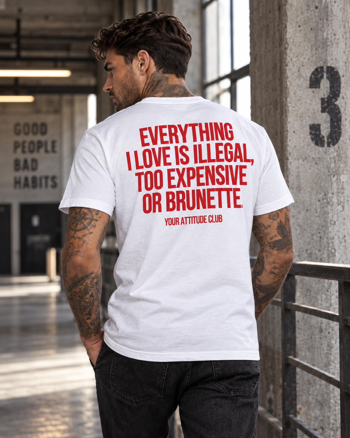 EVERYTHING I LOVE IS ILLEGAL, TOO EXPENSIVE OR BRUNETTE. – Unisex Statement T-Shirt Weiß mit rotem Backprint | freches Sprüche Shirt