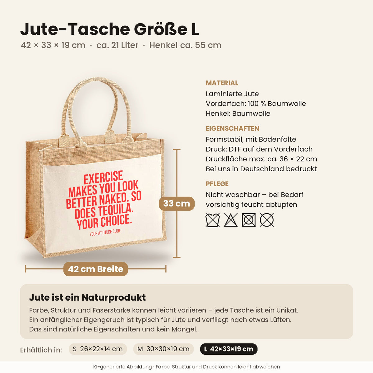 Exercise makes you look better naked. So does tequila. Your choice. – Jutetasche mit Spruch, Maße, Material und Pflege
