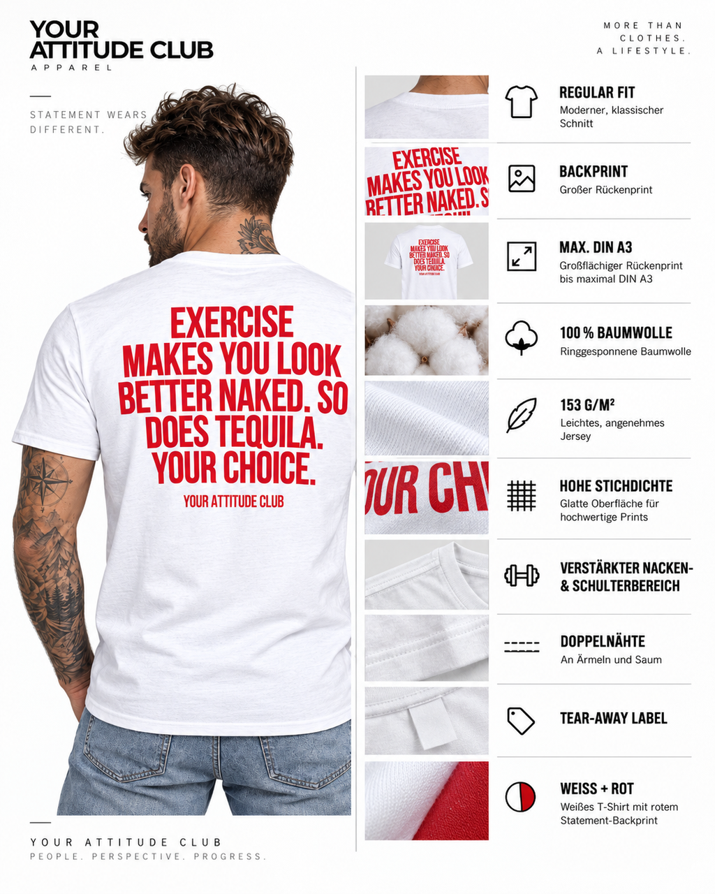 EXERCISE MAKES YOU LOOK BETTER NAKED. SO DOES TEQUILA. YOUR CHOICE. – Unisex Statement T-Shirt Weiß mit rotem Backprint | freches Sprüche Shirt
