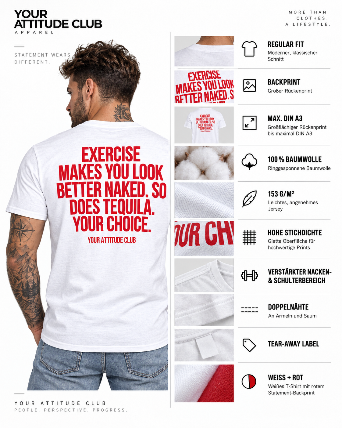 EXERCISE MAKES YOU LOOK BETTER NAKED. SO DOES TEQUILA. YOUR CHOICE. – Unisex Statement T-Shirt Weiß mit rotem Backprint | freches Sprüche Shirt