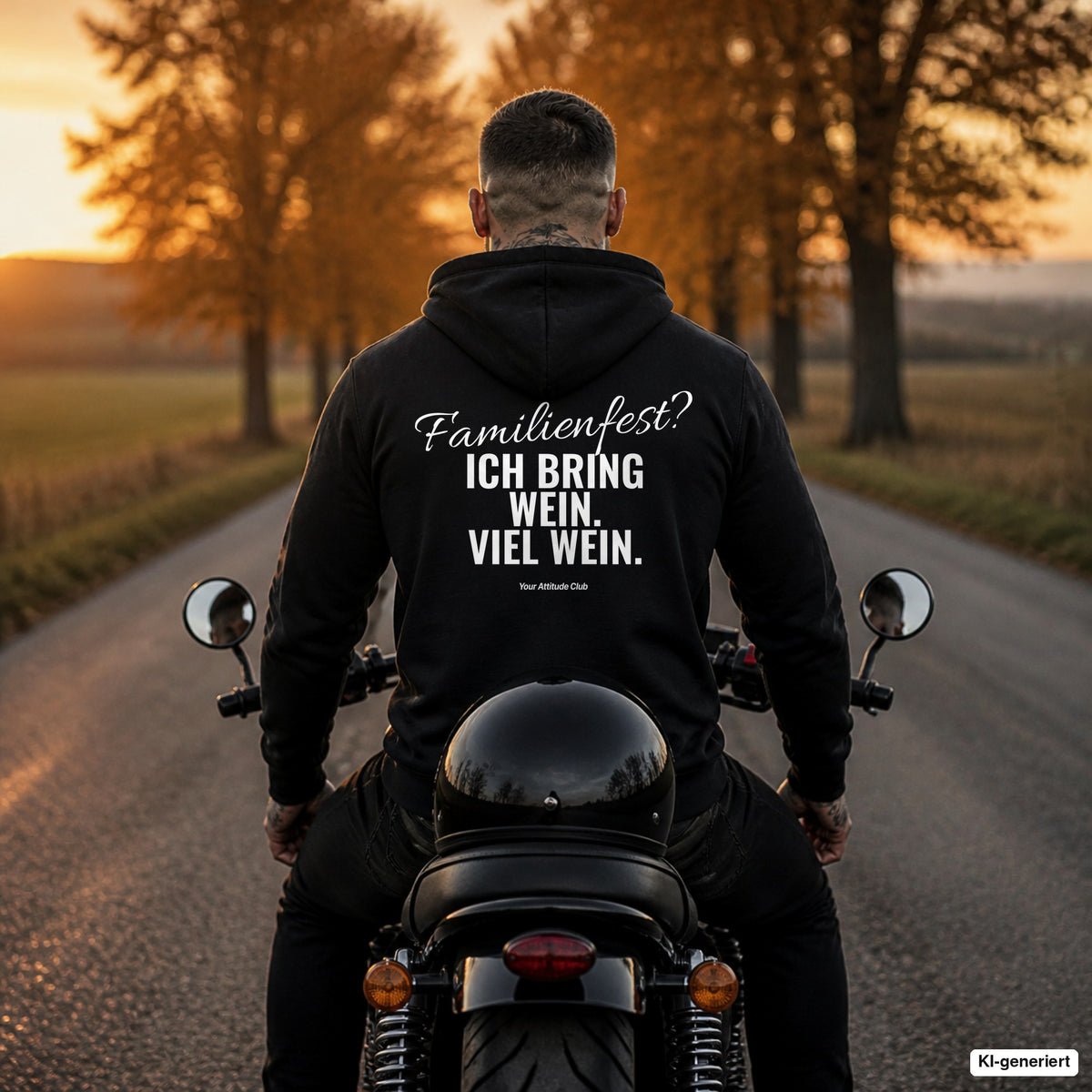 Familienfest? Ich bring Wein. Viel Wein – schwarzer Hoodie mit weißem Backprint, Herren auf dem Motorrad