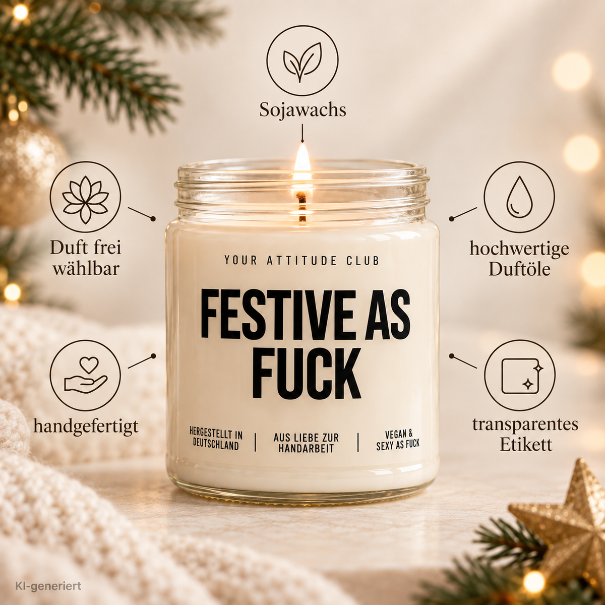 FESTIVE AS FUCK | Weihnachtskerze Duftkerze Weihnachten Weihnachtsgeschenk Geschenkidee Wichtelgeschenk für Freundin Kollegin Partner