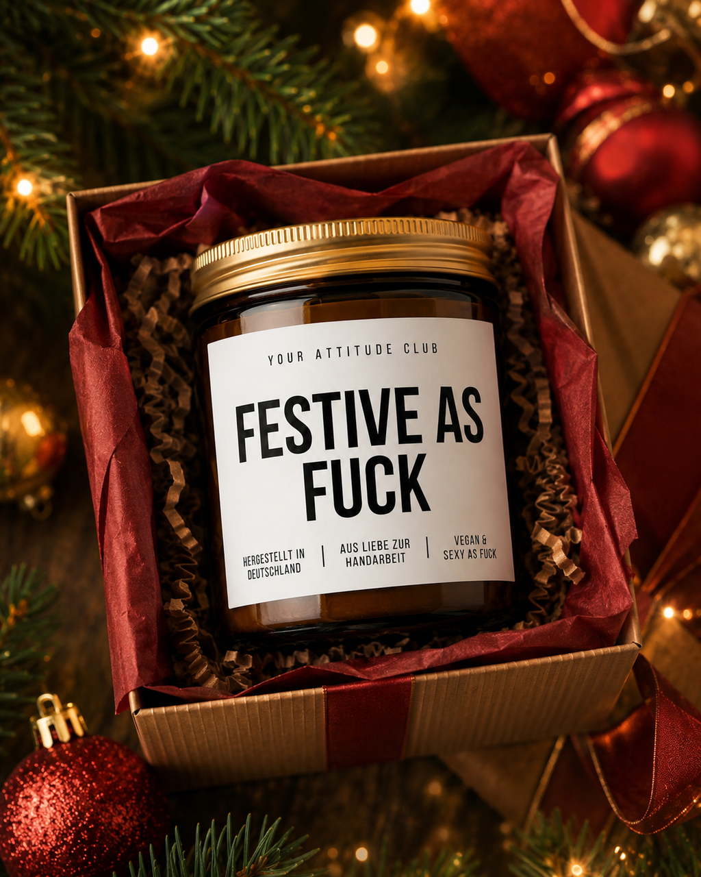 FESTIVE AS FUCK Weihnachtskerze mit Spruch | freche Duftkerze | lustiges Weihnachtsgeschenk | Wichtelgeschenk Erwachsene | Sojawachs Kerze handgemacht