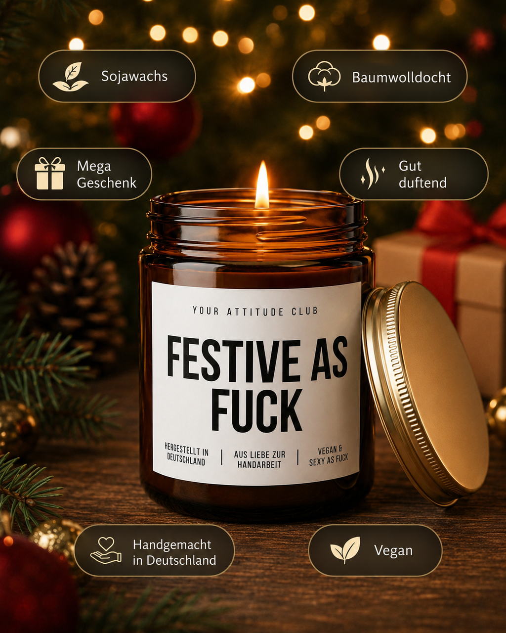 FESTIVE AS FUCK Weihnachtskerze mit Spruch | freche Duftkerze | lustiges Weihnachtsgeschenk | Wichtelgeschenk Erwachsene | Sojawachs Kerze handgemacht