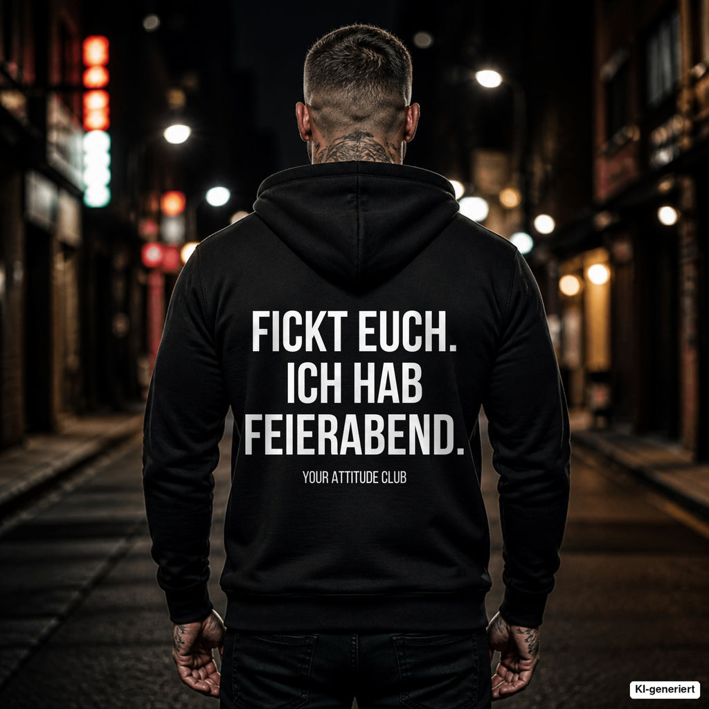 Fickt euch. Ich hab Feierabend – schwarzer Hoodie mit weißem Backprint, Herren in der Stadt bei Nacht